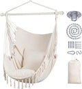 SUNCREAT Hammock Chair Hanging Rope Swing Seat-Max 450lbs Capacity Extra Large Macrame Hanging Swing with Side Pocket Two Seat Cushion Beige
