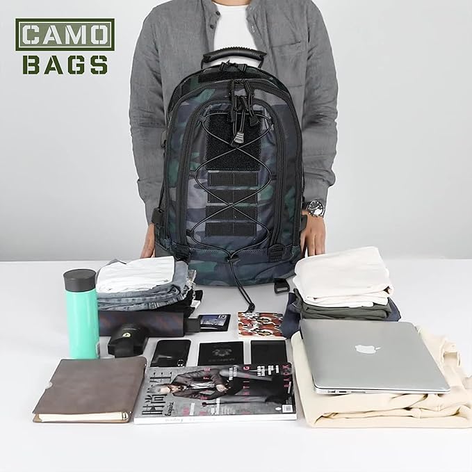 Camo Expandable Travel Backpack with 1000 Denier Cordura Polyester - Backpack For Men with Padded Straps &amp Multiple Compartments - Hiking Backpack for Campers Travelers with Large-Capacity Storag