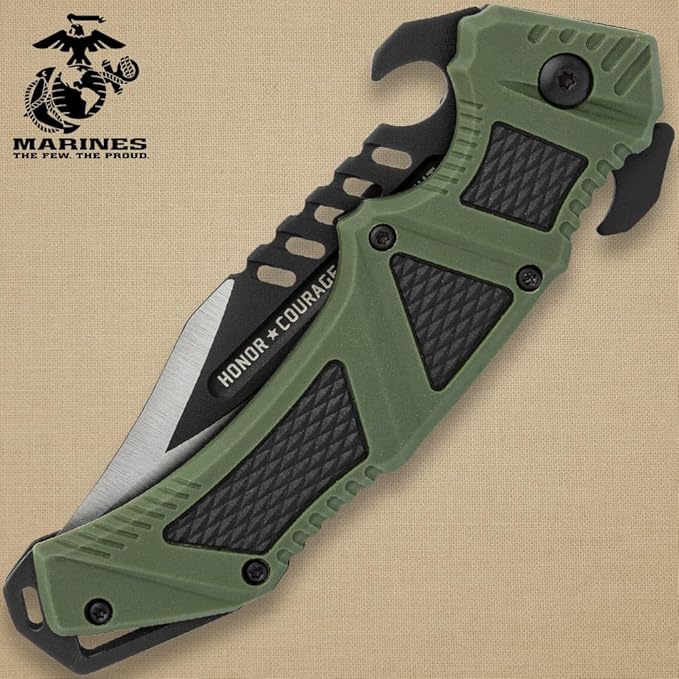 United Cutlery USMC Desert Ops Pocket Knife | 4 Blade | 9 Overall | TPR and TPU Handle | Pocket Clip (Olive Drab)