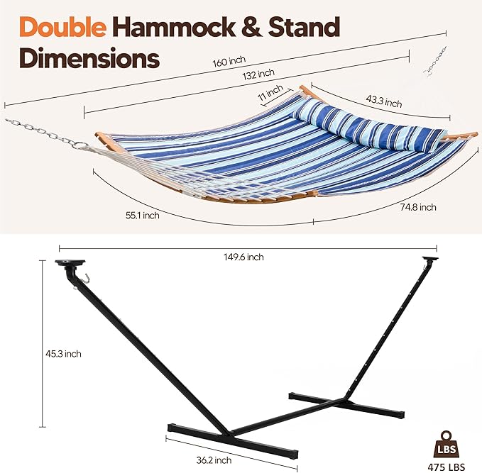 SUNCREAT Double Hammock with 12 ft Stand Solar Powered Lights Included Outdoor Hammock for Outside Blue &amp White