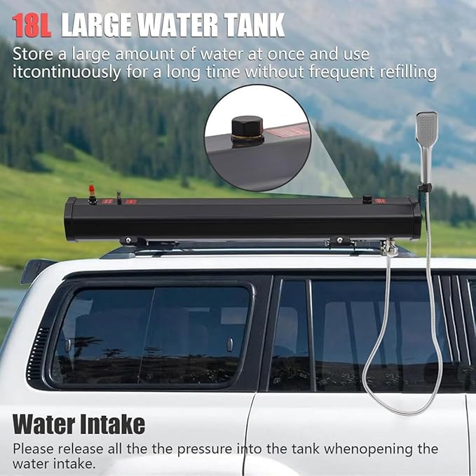 Roof Rack ShowerPressurized Roof Rack Water Tank with Shower &amp 5.58FT HosePortable Camping Solar Shower Rinse KitMulti-Functional Overland Showerfor SUVs Trucks Off-Road &amp Camping