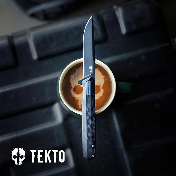 TEKTO F2 Bravo Folding Pocket Knife - D2 Steel Blade Ceramic Ball Bearings - EDC - Snap Swift Flip for Camping Backpacking - 2.4oz (68g) G10 Black Handle Blue Titanium Accents