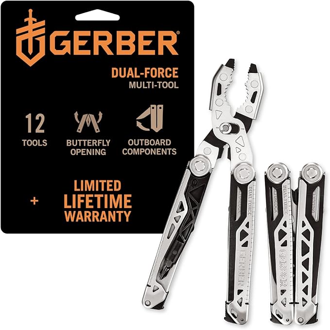Gerber Gear Dual-Force Multitool - Heavy Duty Center Axis Driver Blunt Nose Pliers with Saw Wire Cutters Bit Storage and More - Multi