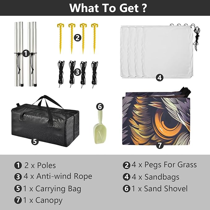 ALAZA Owl Head Portrait Beach Tent Sun Shelter UPF50+ Protection Beach Shade Canopy w/ 4 Sandbags for Outdoor Camping Fishing Backyard Fun Picnic 10x9 ft