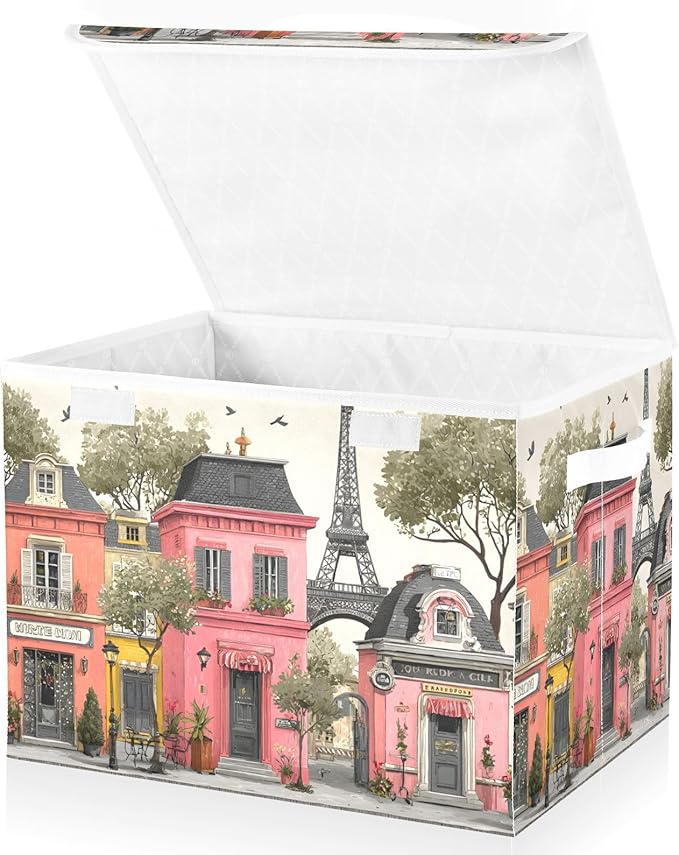 Street Of Paris Print Storage Basket Bins with Lid Foldable Flip-top with Handle for Home Office 16.5×12.6×11.8 in 1 Pack