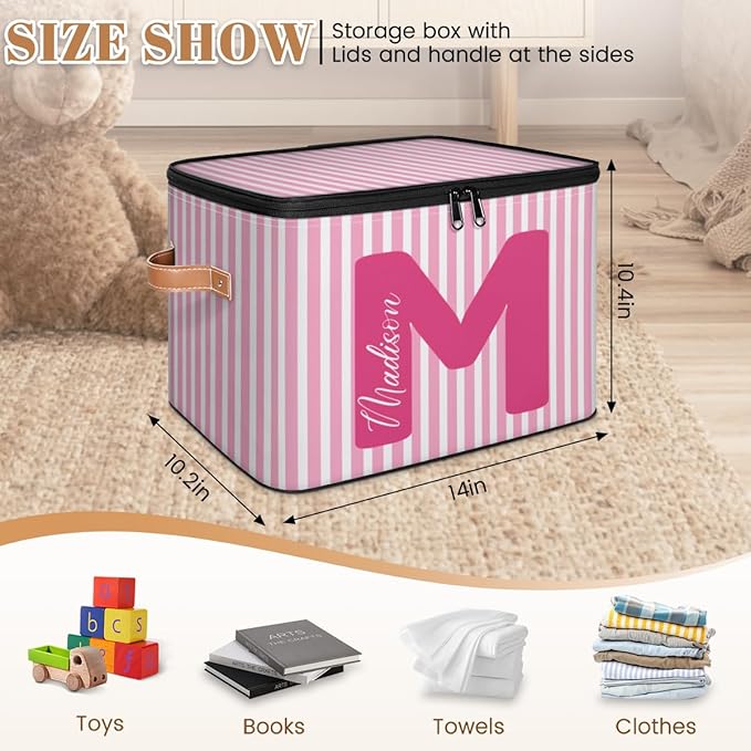 Custom Memory Storage-Bin for Kids Personalized Stripe Keepsake Storage Basket with Handle Lid Large CapacityFolable Fabric Box Decorative for Family