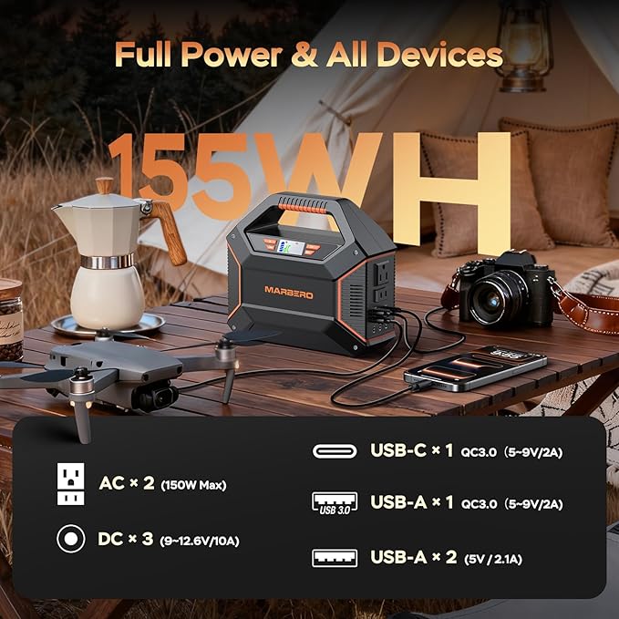 MARBERO Portable Power Station 155Wh Portable Charger 100W Power Station with 6 Outputs 2x 110V AC Outlet LED Flashlight for Home Blackout Camping RV Travel Ultra-Light &amp Silent Fan UL Certifie