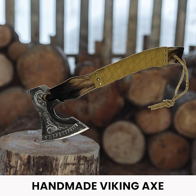 Handmade Viking Axe with Pure Leather Sheath | Real Handmade Outdoor Hunting OR Camping | Viking Gifts for Men (Yellow)