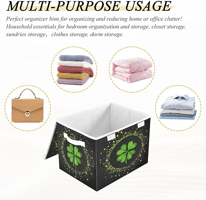 Doodle St. Patrick's Day Shamrock Pattern Foldable Storage Baskets Fabric Boxes with Handle Organizers with Flip-Top Lids Storage Bins for Home Bedroom Office