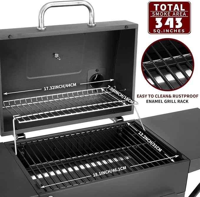 Charcoal Grills Outdoor BBQ Grill with 2 Side TableBarbecue Grill Smoker with 343 Sq.in.Cooking Area for Outdoor Cooking Backyard Camping Picnics Beach by DNKMOR