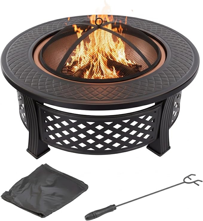 Fire Pit - 32-Inch Outdoor Fireplace with Spark Screen Poker and Cover - Wood-Burning Fire Pit for Yard Patio or Camping by Pure Garden (Bronze)