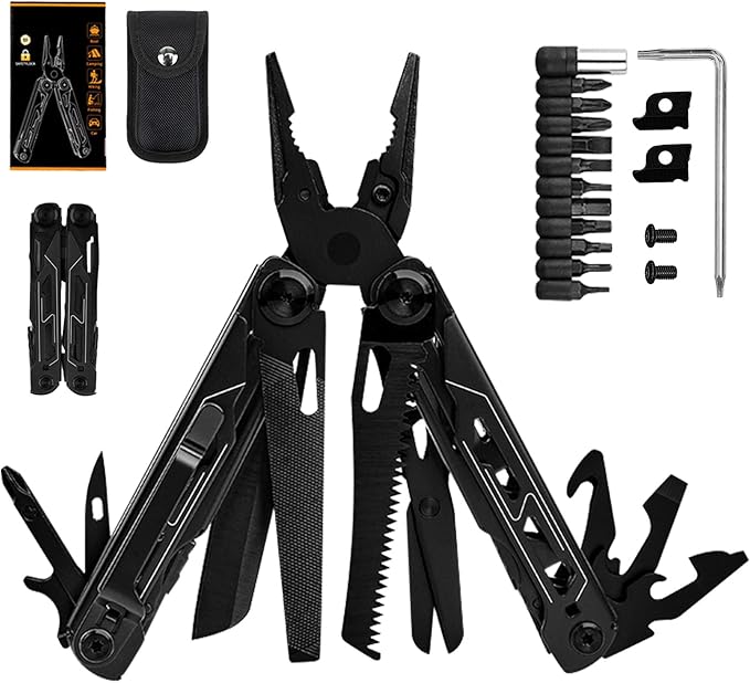 28-in-1 Multitool Pliers with ScissorsSaw ScrewdriversRope CuttersCan OpenerFileCarrying PouchStainless Steel Pocket Multi-Tool Ideal for Camping Survival Toolkit and Gift for him (Black)