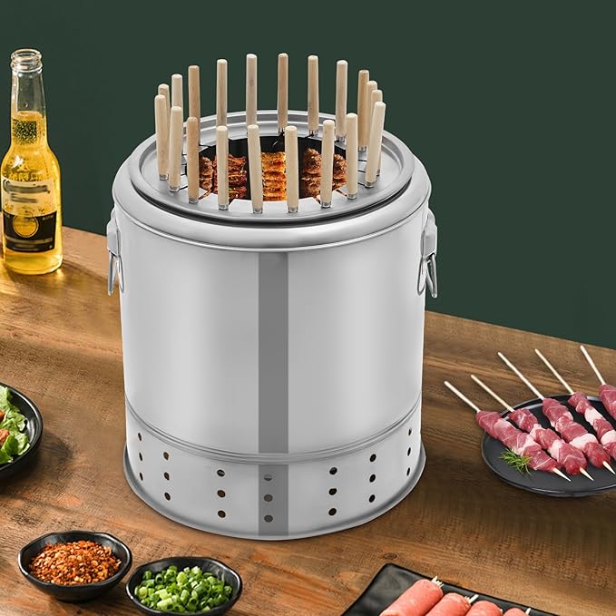 Portable Charcoal Grills 2 in 1 Vertical Smoker 360° Smokeless Stainless Steel BBQ Grill Barrel for Outdoor Barbecue Camping And Backyard Cooking (Medium-20 Skewers)