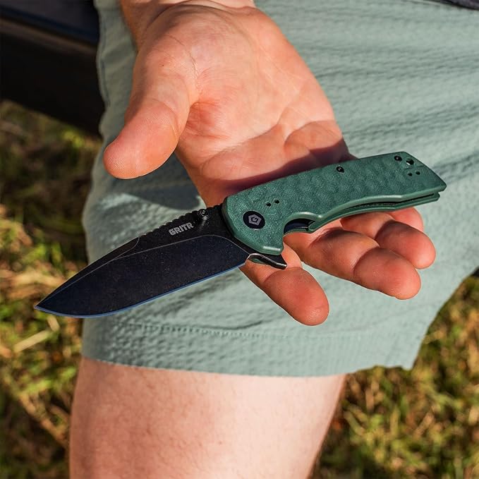 GRITR Stealth Folding Pocket Knife w/ 3.5 D2 Steel Blade for Military Hunting Camping Hiking – Green Handle Non-Serrated Blade with Stonewashed Finish