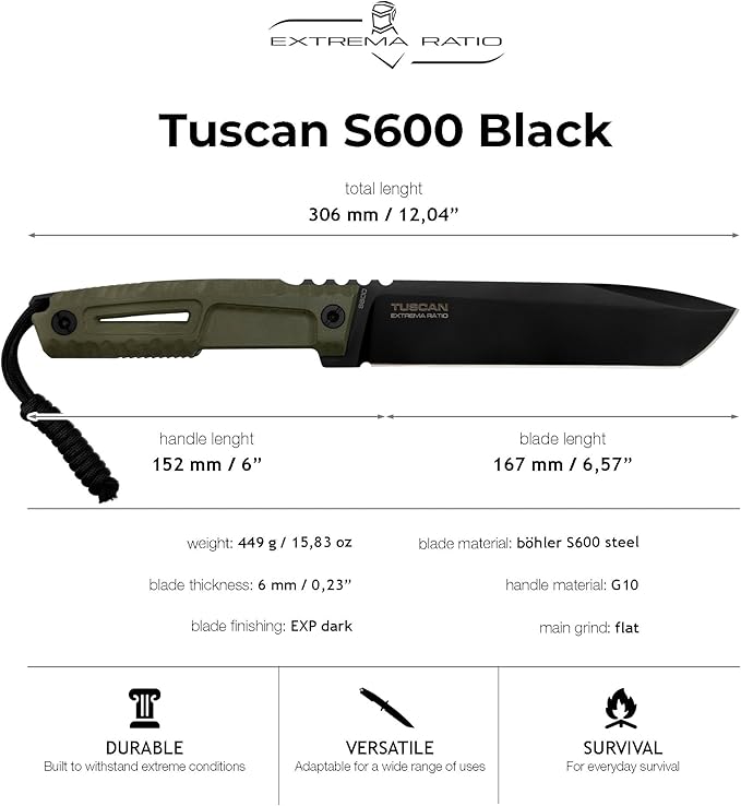 Extrema Ratio - TUSCAN S600 (BLACK) Fixed Blade Knife high-speed tool steel S600 hardened to 64 HRC burnished blade finish ergonomic Forprene handle full tang handcrafted in Italy
