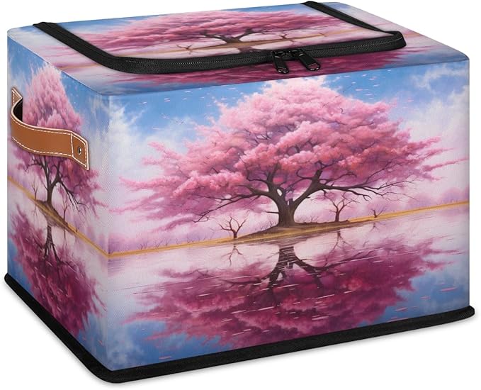 KOBLEN Pink Peach Tree Pattern Storage Basket Collapsible Rectangular Storage Bins with Zipper Lid Handle Closet Shelf Cloth Organizer Basket for Nursery Bedroom Clothes Toy