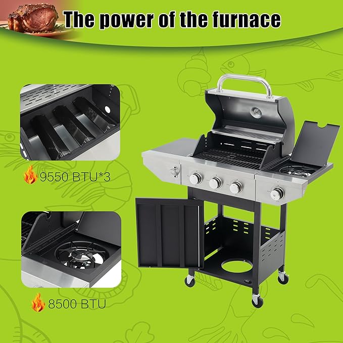 3 Burner Outdoor Propane Gas Grill with Side Burner &amp Thermometer Stainless Steel Barbecue Grill with Wheels for Patio BBQ Cooking Camping (3 Burner)