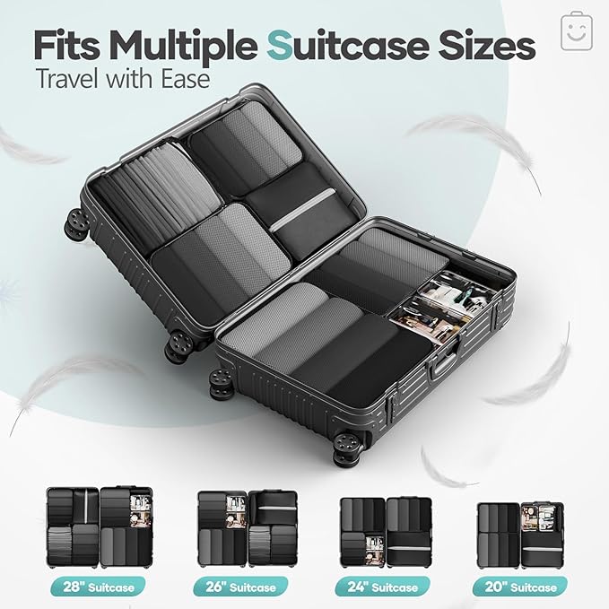 Veken 9/11 Set Compression Packing Cubes for Travel EssentialsCompressible Expandable Large Luggage Suitcase Organizer Bags for ClothingDurable Space Saver Storage Bags with Toiletry Bags(Black)