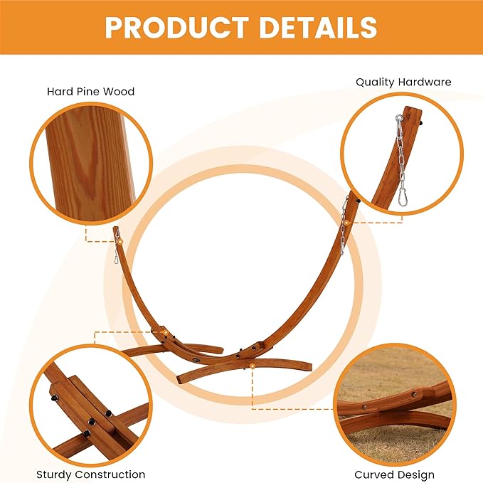 Lazy Daze Hammocks 10.5 FT Outdoor Arc Wood Hammock Stand 2 Person Hard Pine Wood Hammock Stand with Carabiners and Chains for Outdoor Patio Garden Poolside 300lb Capacity Brown