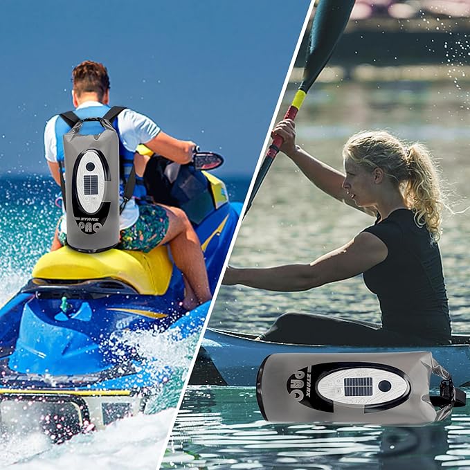 Qoolife Dry Bag Waterproof with Solar Bluetooth Speaker &amp Light - 10L/20L Roll Top Dry Sack Keeps Gear Dry for Men Women Kayaking Beach Rafting Boating Hiking Camping and Fishing