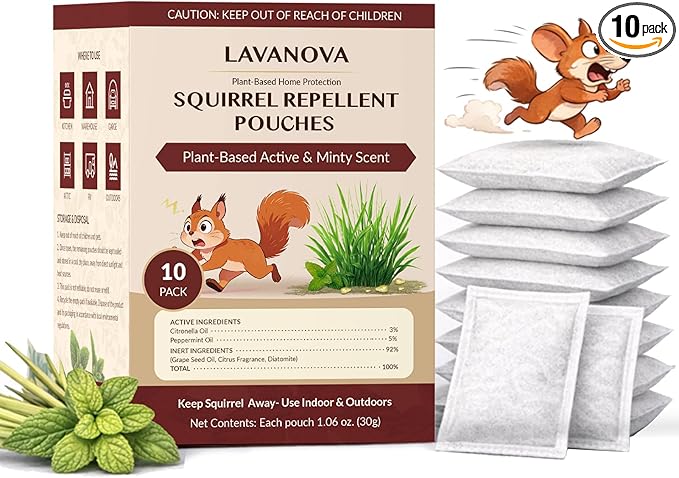 Squirrel Repellent Pouches 10 Pack Natural Squirrel &amp Chipmunk Outdoor for Attic Garden Garage and Car Engine Natural Squirrel Deterrent Keep Squirrels Out of Garden Yard Helps Repel Rodents