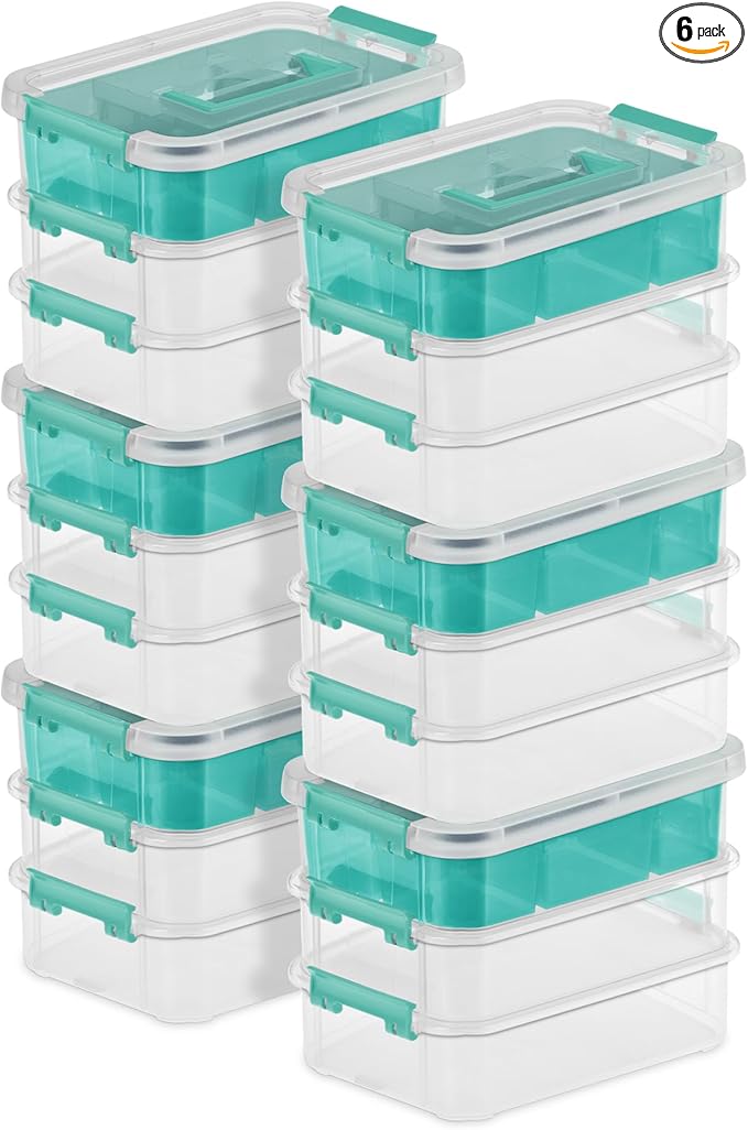 Sterilite 6 Pack Plastic Storage Box Container 3 Layer Stack and Carry Clear/Blue