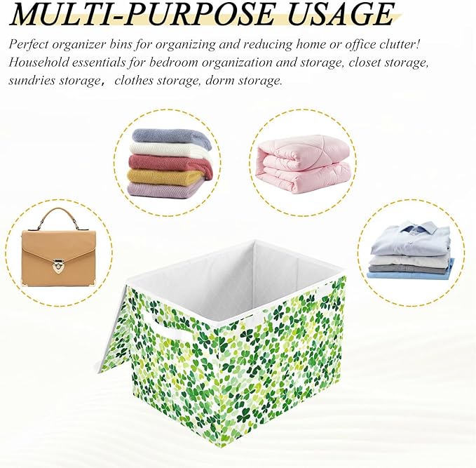 Collapsible Storage Bins with Lids Decorative Fabric Storage Cubes Closet Organizer and Storage Basket Boxes Containers for Clothes Box Chest Nursery Folding Rectangle Bright Green Clover St.