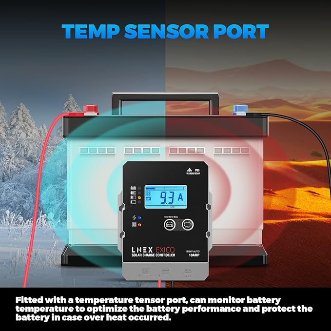 LNEX Solar Charge Controller Waterproof 10A Super Thin Panel Battery Intelligent Regulator With LCD Display 12V/24V PWM Controller for LiFePO4 AGM Gel Flooded and Lithium Battery