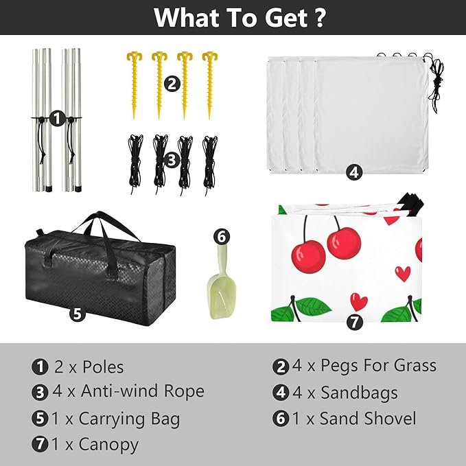 Beach Canopy with Windproof Ropes &amp Sandbags Beach Tent Sun Shade Sun Shelter for Camping Trips Fishing Backyard Fun or Picnics Red Cherries