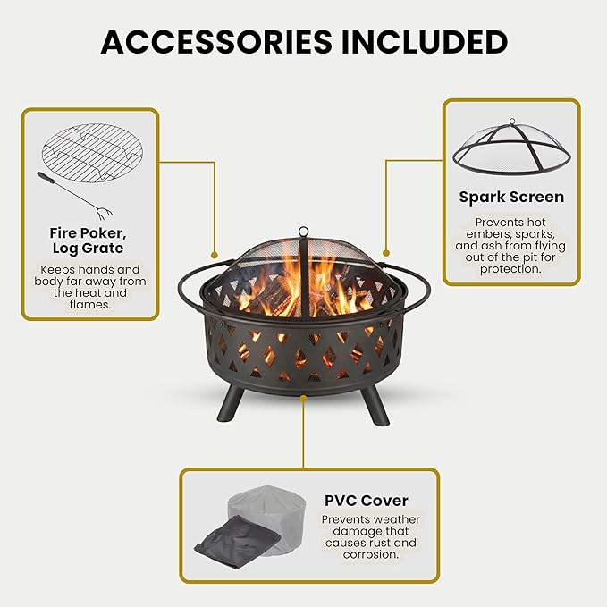Fire Pit - 32-Inch Outdoor Wood Burning Firepit with Screen Poker and Cover - Outdoor Fire Pits for Backyard Deck or Patio by Pure Garden (Black)