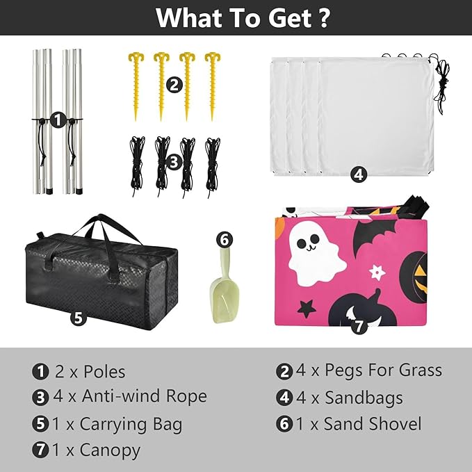 ALAZA Cute Ghost Pumpkin Bat Halloween Beach Tent Sun Shelter UPF50+ Protection Beach Shade Canopy w/ 4 Sandbags for Outdoor Camping Fishing Backyard Fun Picnic 10x9 ft