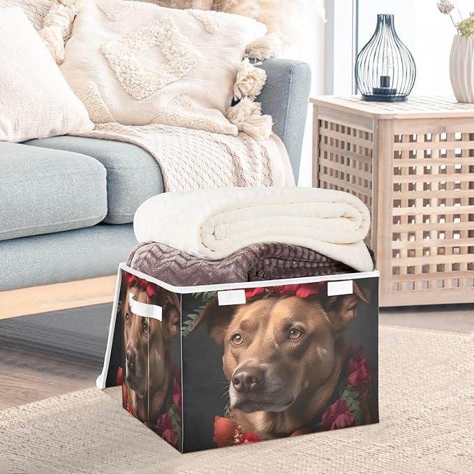 Red Floral Dog Storage Cube with Lid Collapsible Flip-top locker Fabric Storage Bins Basket with Handle for Home Bedroom Closet Office 16.5×12.6×11.8 in