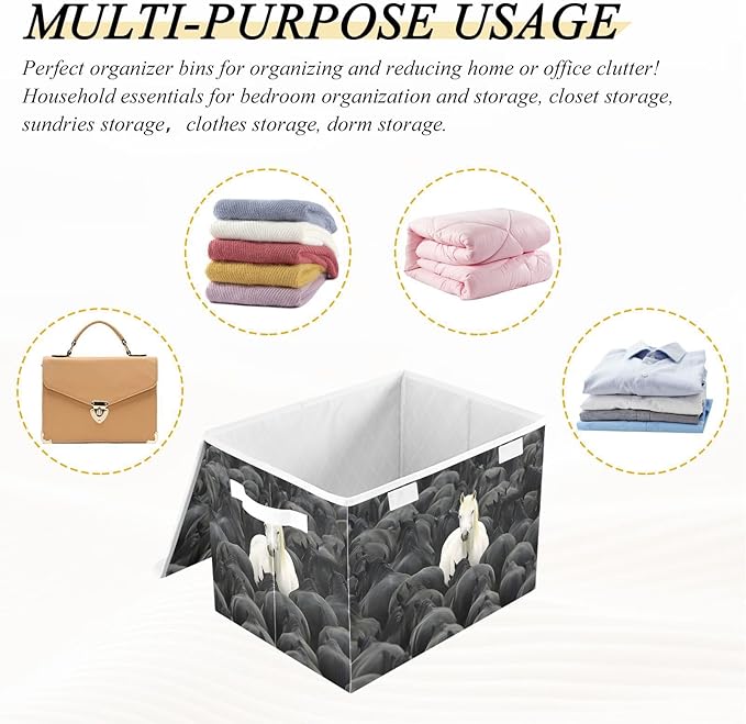 White Horse in Black Storage Cube Bins Basket with Lid Collapsible Flip-top Fabric with Handle for Home Bedroom Closet Office 16.5×12.6×11.8 in