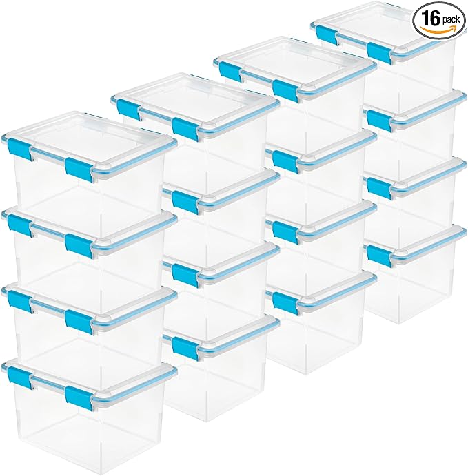 Sterilite 16-Pack Gasket Box Weather-Resistant Storage Bins with Latching Lids 32 Quart - Heavy-Duty Organizing Containers for Closet Bathroom and Office