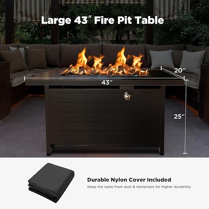Ciays 43″ Propane Fire Pit with Glass Beads &amp Lid 60000 BTU CSA-Certified Gas Fire Pits with Cup Holders Hanging Shelf &amp Nylon Cover Large Fire Pit Table for Patio/Porch/Deck Black