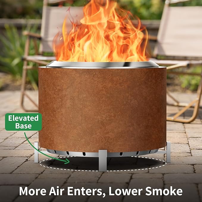 Stainless Steel Smokeless Fire Pit Outdoor Smokeless Firepit Wood Burning Fire Pits for Bonfire Patio Camping Low Smoke Firepit for Outside (Rusty 27 Inch)
