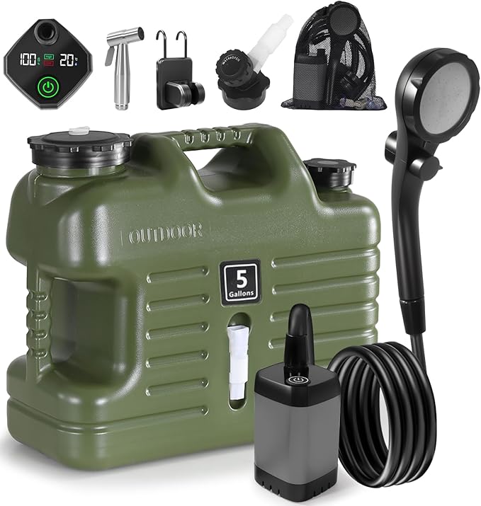 Digury Portable Camping Shower with 5 Gallon Water Jug 6000mAh Rechargeable Outdoor Camping Shower Kit IPX7 Waterproof Pump BPA Free Water Containers Camp Essentials
