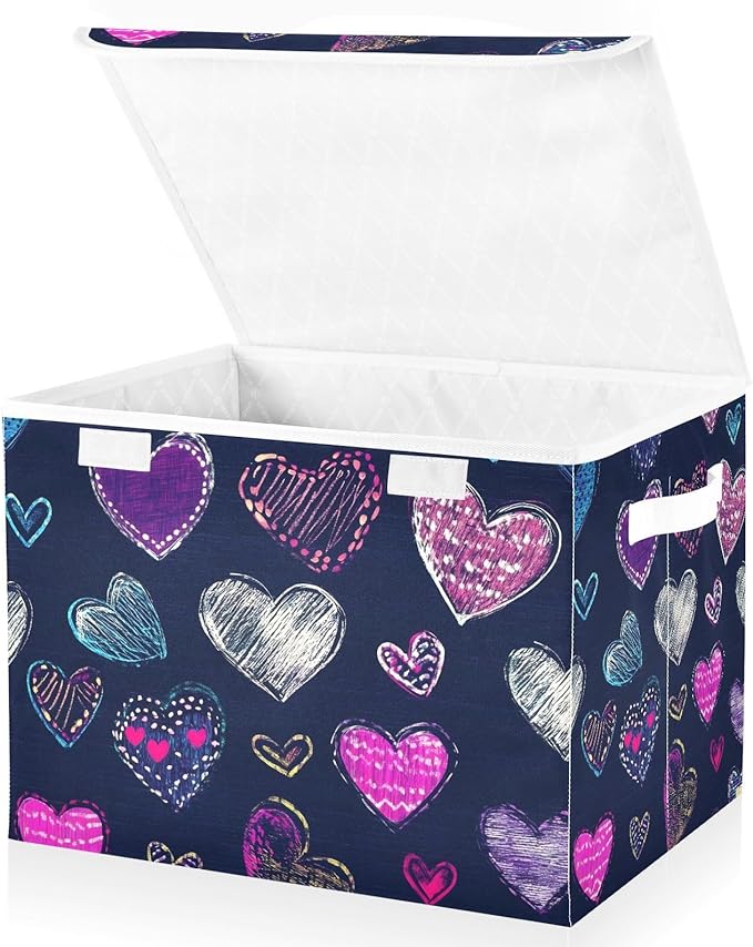 Cartoon Heart Storage Cube Bins Basket with Lid Collapsible Flip-top Fabric with Handle for Home Bedroom Closet Office 16.5×12.6×11.8 in