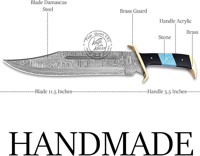 Damascus Steel Western Outlaw Bowie Hunting Knife Fixed Blade Survival &amp Hunting Knife Camping Bushcraft EDC - Gift for Men Premium Leather Sheath KKH-69