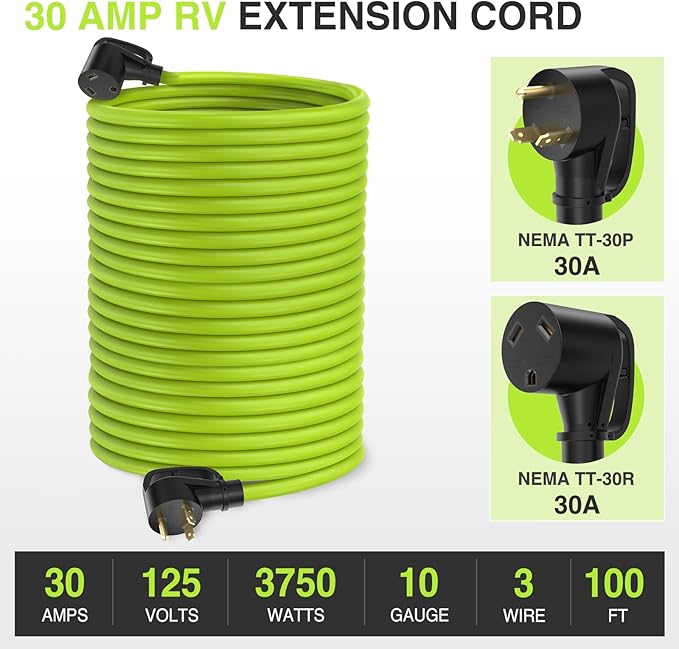 Nilight 100FT 30 Amp RV Extension Cord 125V Heavy Duty 10/3 Gauge Pure Copper STW Wire UL ETL Listed 3 Prong TT-30P TT-30R Weatherproof Suit for Camper Caravan Trailer Bright Green