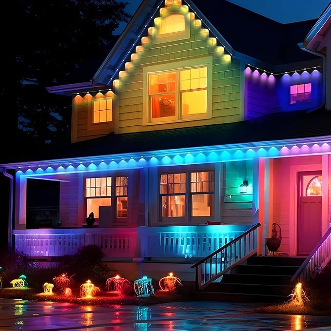 Permanent Outdoor Lights Pro 200ft RGB-IC LED Eaves Lights IP67 Waterproof with Smart App&ampRemote Controlfor ChristmasParty Daily Halloween and All Holiday Decor