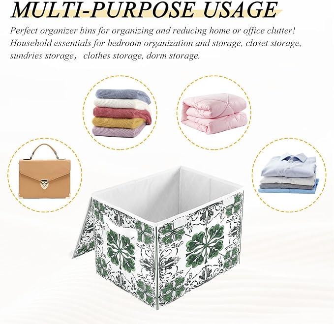 Lucky Leaf Tile Pattern Fabric Storage Bins with Lids and HandleFoldable Storage Bins with LidsCloset Organizers for Clothes Storage Room Organization Office Storage Chest Organizer