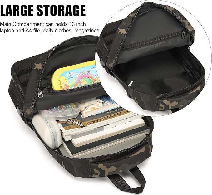Kids Tactical Backpack Army Molle Bookbag Military Boys Backpack for School Outdoor Camping (Includes 2 Patches+1Carabiner) Black CM