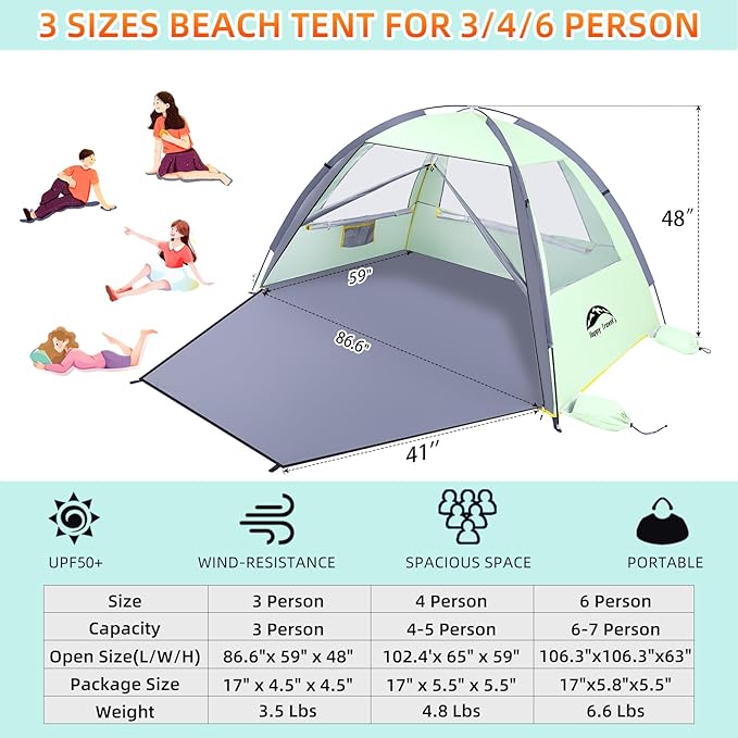 Happy Travel Beach Tent Sun Shelter for 3/4/5/6/7/8 Person Portable UPF 50+ UV Protection Beach Shade Canopy for Family &amp Baby Lightweight &amp Easy Setup Beach Cabana with 3 Ventilation Mesh W
