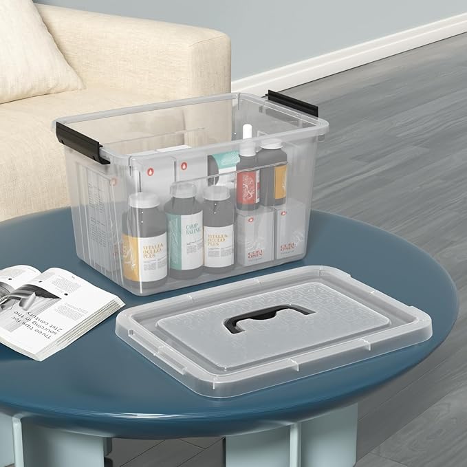 Set of 4 Storage Bins with Latch Lids Clear Plastic Storage Box with Handle 18 L
