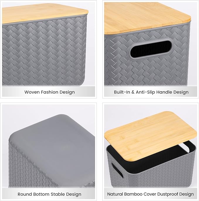 Ohmlove 4 Packs Storage Bins with Bamboo Lids - Plastic Storage Containers with Lids Stackable Storage Box：Storage Baskets for Organizing Desktop Closet Playroom Classroom OfficeGray