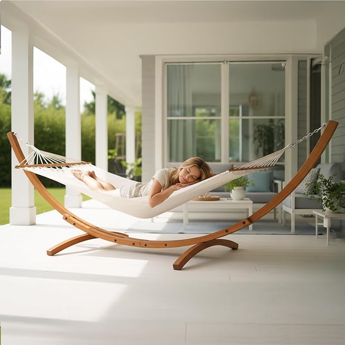 ONCLOUD Premium Double Hammock Set with Curved Hardwood Stand - 10.5ft Outdoor Relaxation System (400lb Capacity) (Teak 14ft Set)