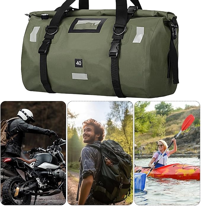 40L Waterproof Duffel Bag Motorcycle Dry Bags Large Heavy Duty Camping | Back Seat Roll Top Luggage Tail with Reflective Strips Backpack for Kayaking Rafting Boating Camping Travel