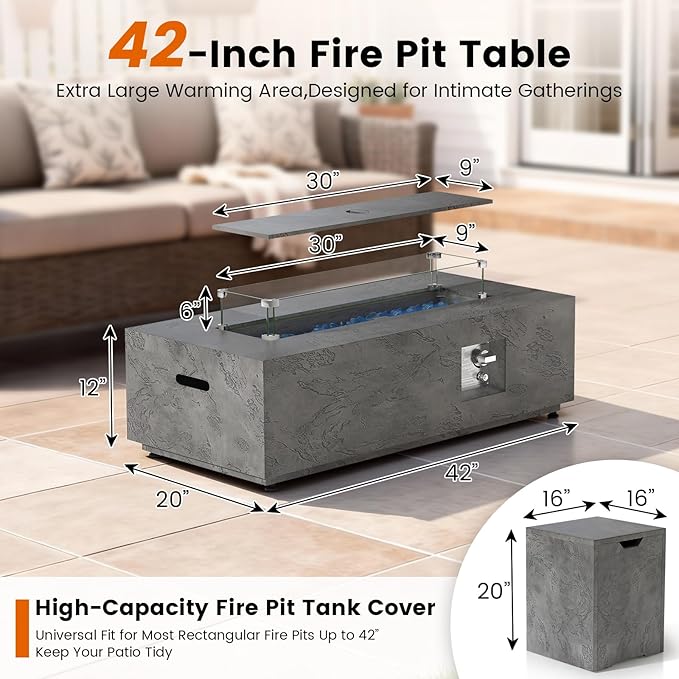 SUNPEAK 42 Rectangular Propane Fire Pit table 50000 BTU Fireplace Table with Wind Guard Lid Rocks and Cover - Fire Pits &amp Outdoor Fireplaces - Gas Fire Pits for Outside Patio (Concrete Stone