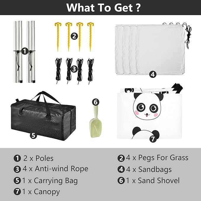 Panda Beach Canopy Sun Shelter with Sandbags &amp Sand Shovel &amp Windproof Ropes - Portable 110x126 Beach Shade Beach Tent for Camping Picnics